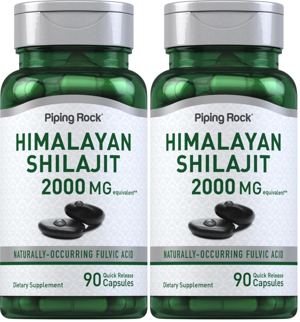 Front label of Piping Rock Shilajit Capsules bottle showing 2000mg, 90-count, Pack of 2