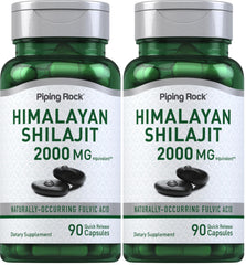 Front label of Piping Rock Shilajit Capsules bottle showing 2000mg, 90-count, Pack of 2