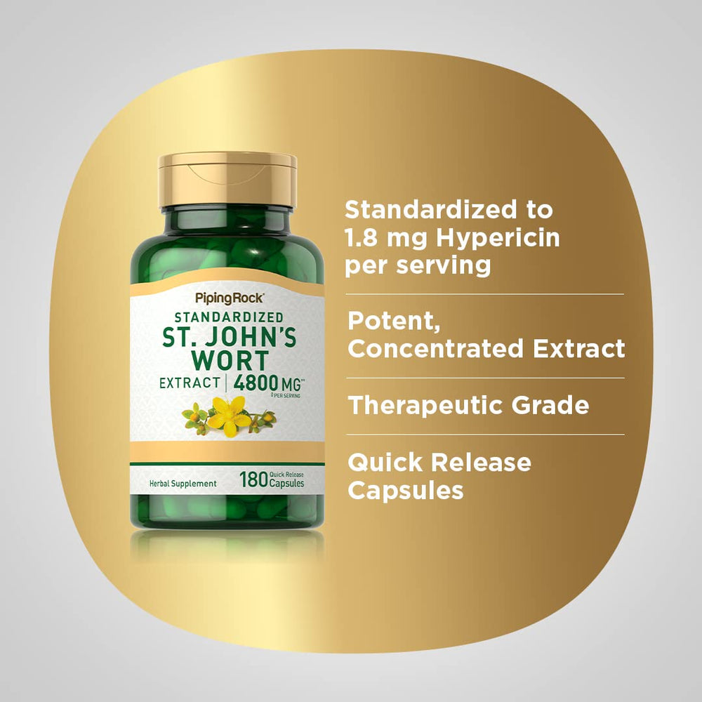 Piping Rock label detail showing standardized 1.8 mg hypericin per serving benefit