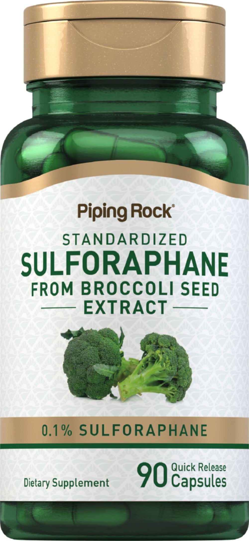 Piping Rock front label showing sulforaphane 400 mcg and 90 capsules, clear product identity benefit