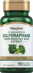 Piping Rock front label showing sulforaphane 400 mcg and 90 capsules, clear product identity benefit