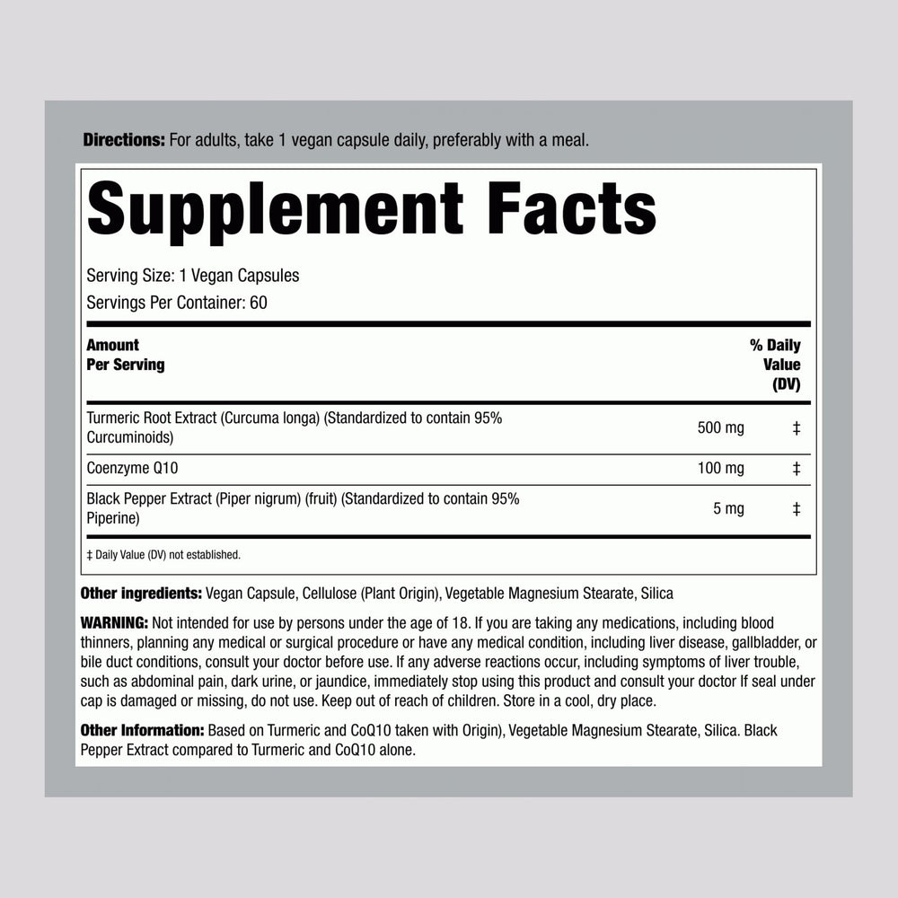 Piping Rock turmeric and CoQ10 vegan capsules close-up showing capsule texture and shape