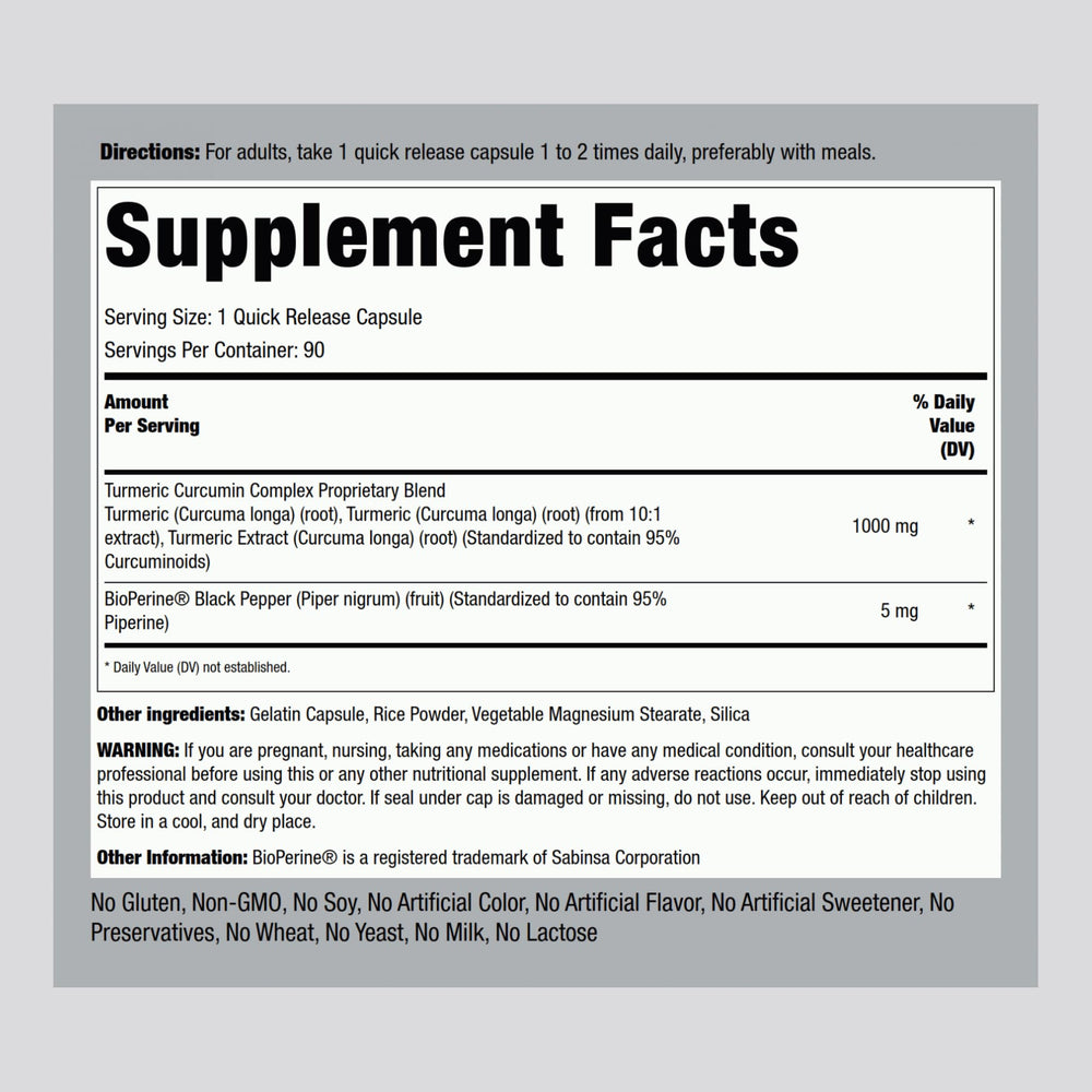 90 capsules packaging image for Piping Rock Turmeric Curcumin