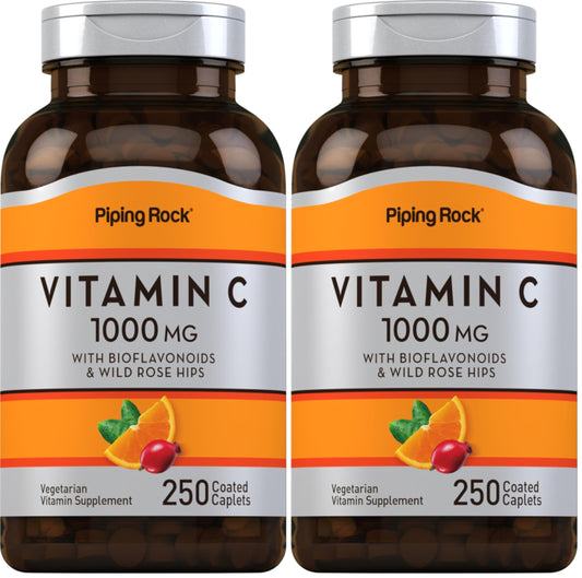 Bottle of Piping Rock Vitamin C 1000mg 250 Caplets with Bioflavonoids and Rose Hips