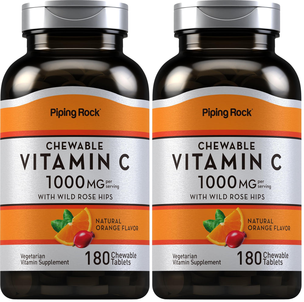 Front view of Piping Rock Vitamin C Chewable 1000mg orange-flavor bottle – Pack of 2