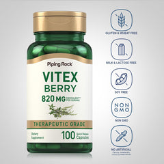 Piping Rock label details and ingredient list for vitex chasteberry, emphasizing laboratory tested quality