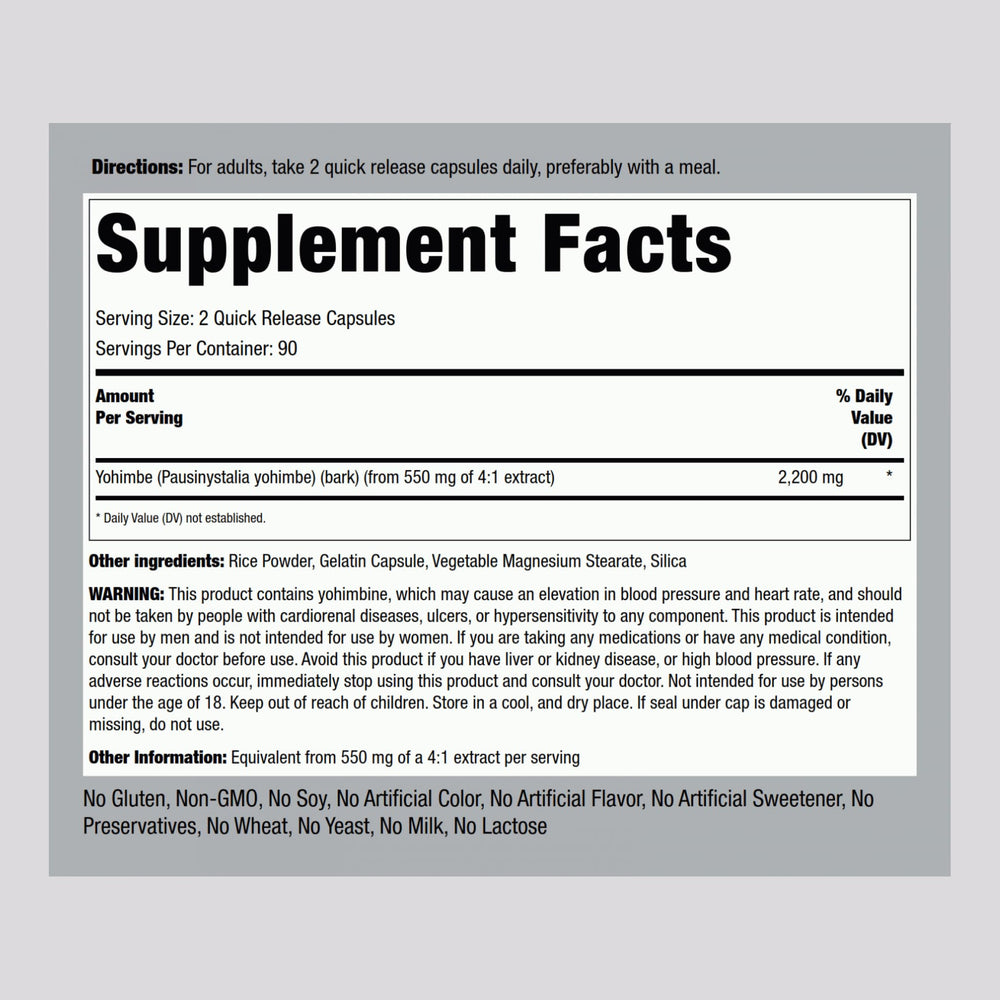 Front view of Piping Rock Yohimbe 2200 mg supplement bottle