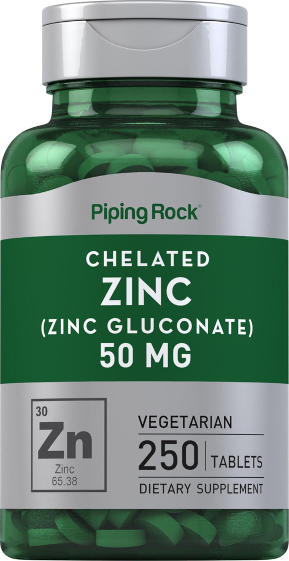 Piping Rock bottle front view showing zinc 50mg label and benefits