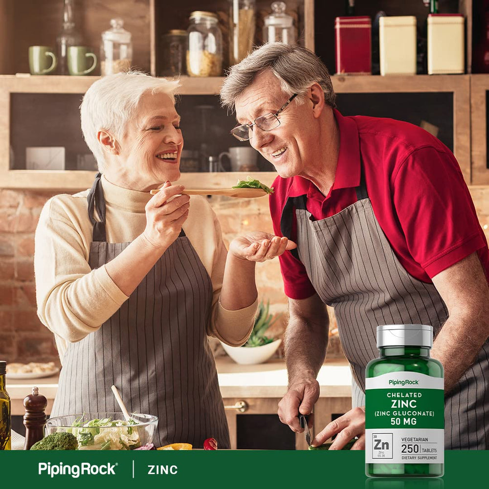 Piping Rock zinc bottle on kitchen counter with morning routine items