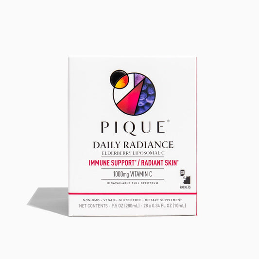 PIQUE Daily Radiance Liposomal Vitamin C + Elderberry packaging showing 28 packets