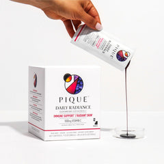 Vegan, Non-GMO and No Refined Sugar icons on PIQUE packaging