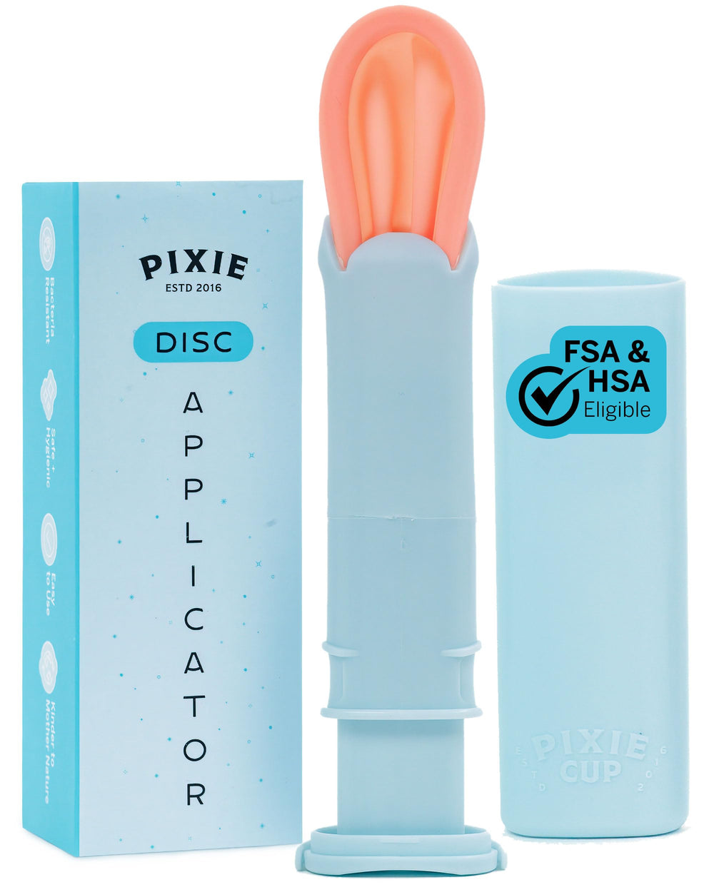 Pixie Cup disc applicator hand-insert shows easy tampon-like insertion for first-time users