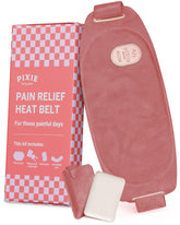 Pixie Cup Eva Thermal wearable pad shown on belly provides discreet heat for menstrual comfort.