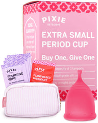 Pixie Cup extra-small package demonstrates the discreet, reusable design for first-time users.