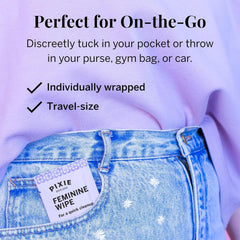 Pixie Cup feminine wipes biodegradable flushable feature supports planet-friendly disposal.