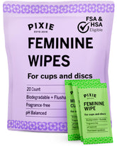 Pixie Cup feminine wipes packaging demonstrates eco-friendly design for on-the-go cleanliness.