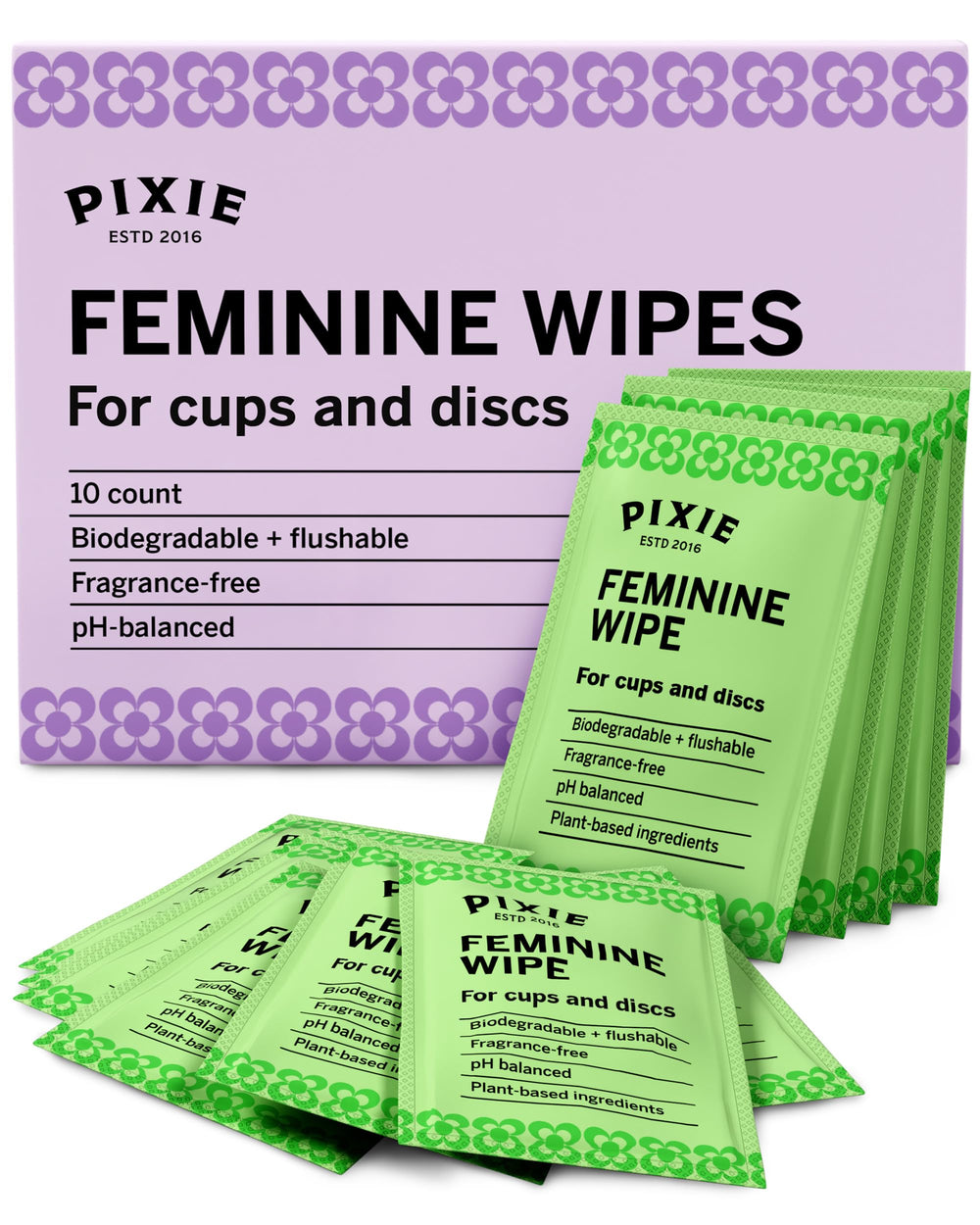 Pixie Cup feminine wipes packaging highlights eco-friendly design for on-the-go use.
