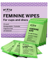 Pixie Cup feminine wipes packaging highlights eco-friendly design for on-the-go use.
