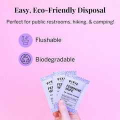 Pixie Cup feminine wipes water-based formula emphasizes purity and skin safety.