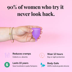 Pixie Cup purple large leak-free design in active use