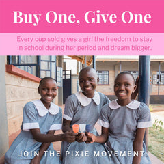 Pixie Cup running-activity scene highlights secure, odor-free wear.