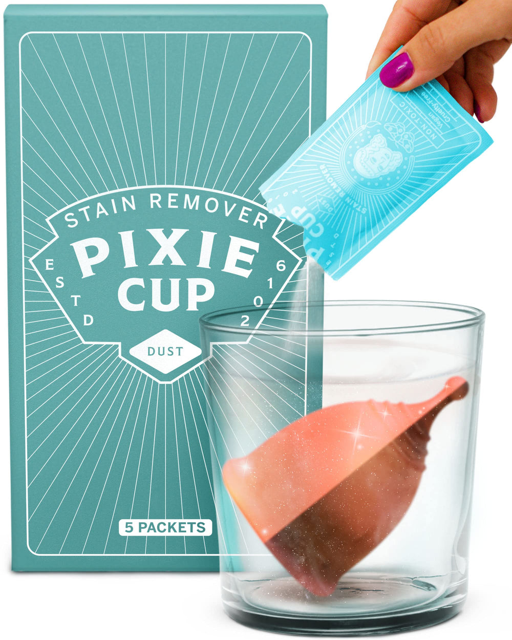Pixie Cup stain remover packaging highlights natural ingredients for gentle feminine care.