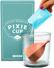Pixie Cup stain remover packaging highlights natural ingredients for gentle feminine care.