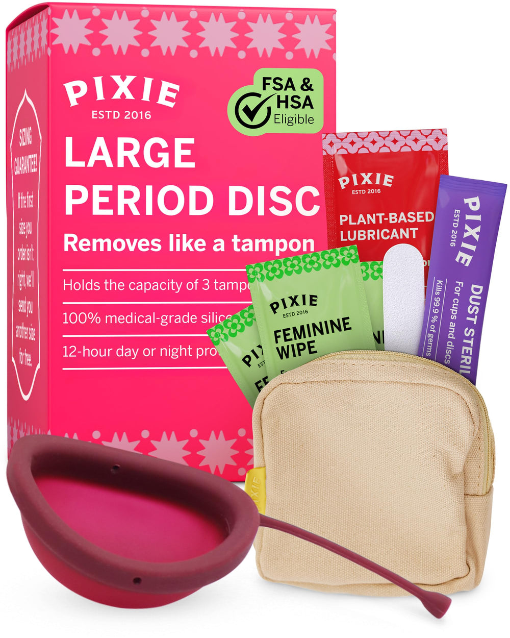 Pixie Disc packaging closeup highlighting toxin-free design for ready use.
