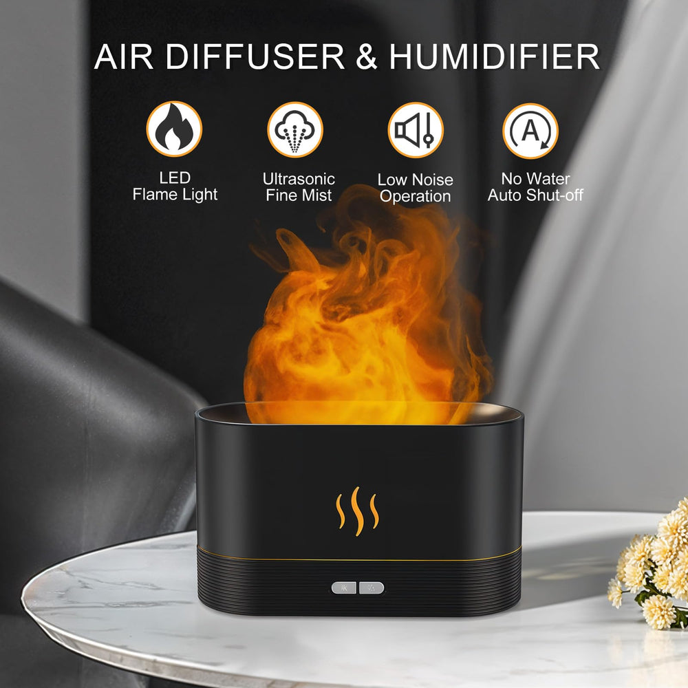 PIZAY diffuser in black, side angle with flame LED light