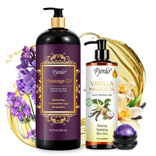 Pjordo Lavender and Vanilla Massage Oil bottles with roller ball