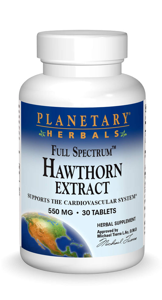 Front view of Planetary Herbals Hawthorn Extract Tablets bottle
