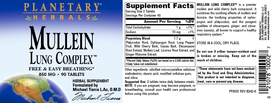 Packaging of Planetary Herbals Mullein Lung Complex 90 tablets