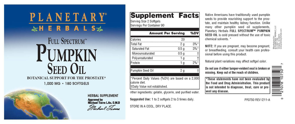 Ingredients and nutrition information for Planetary Herbals Pumpkin Seed Oil