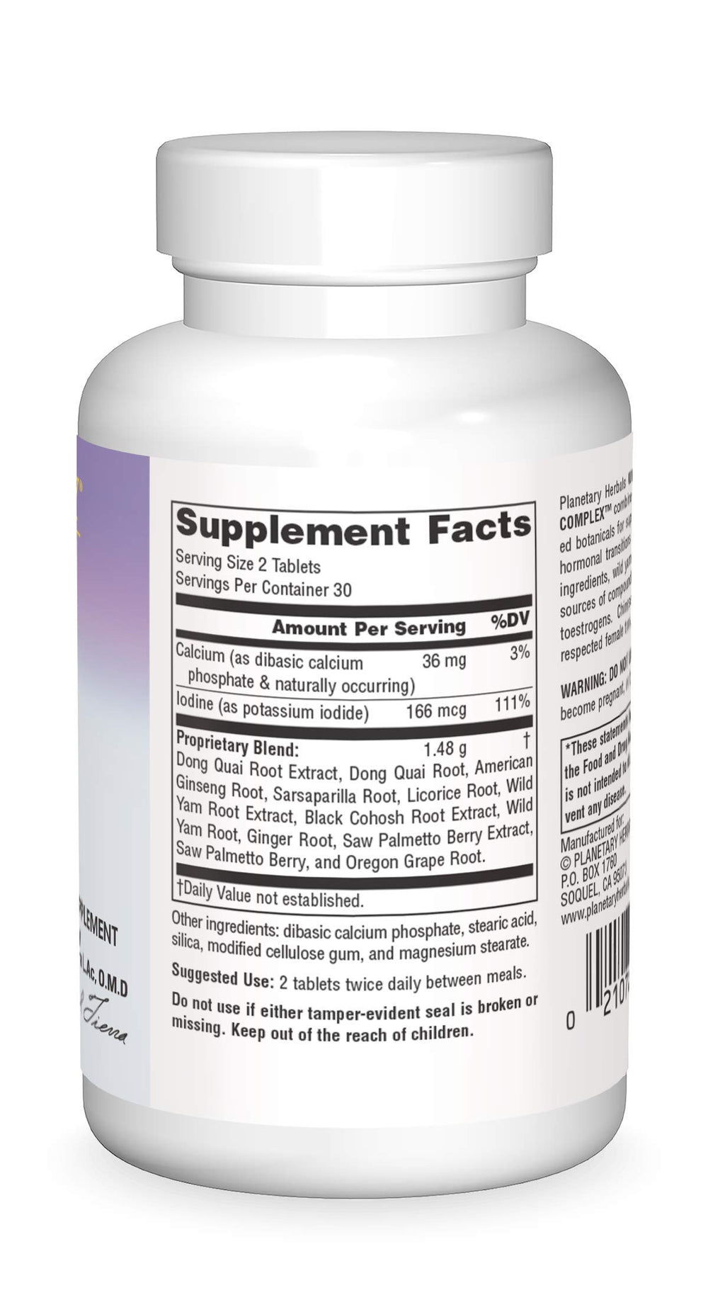 Supplement facts panel for Planetary Herbals Wild Yam-Black Cohosh Complex