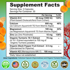 Ingredient close-up of calcium, magnesium, zinc, D3, K2 and turmeric