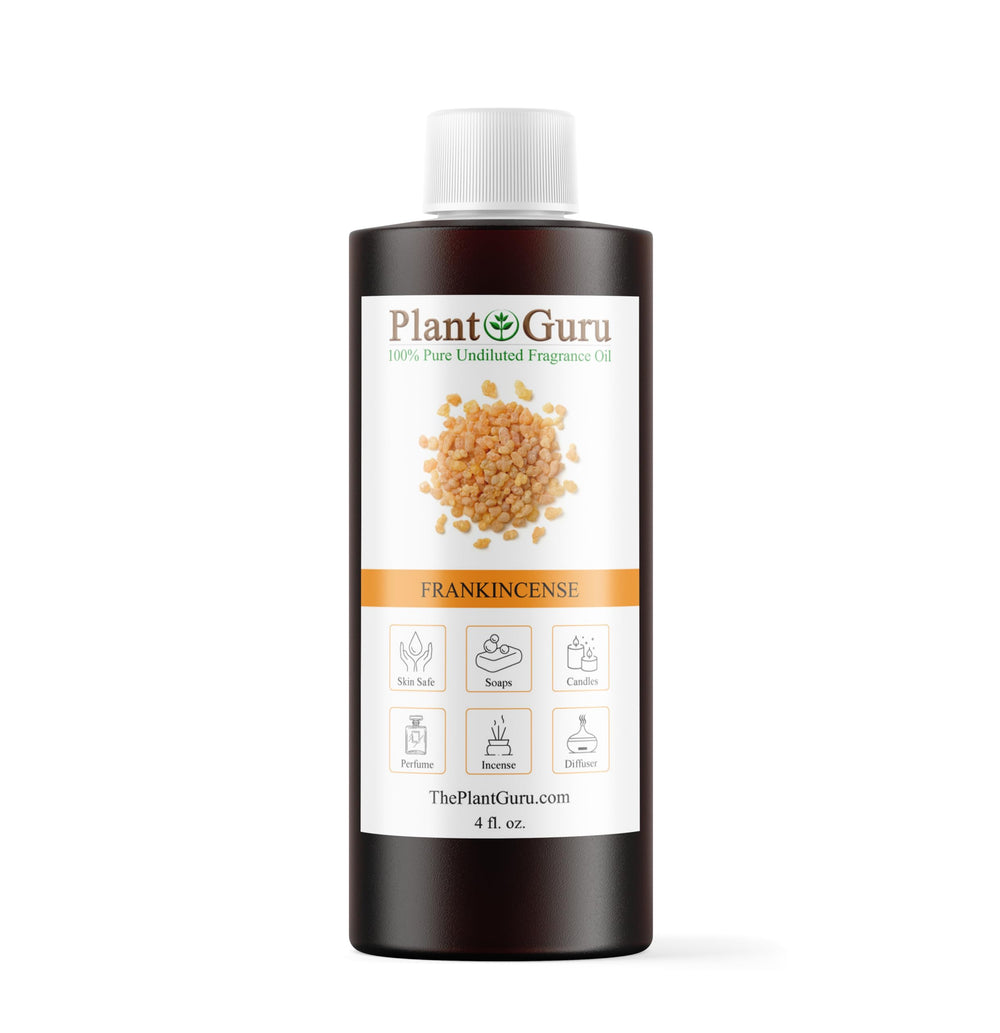 Plant Guru Frankincense Fragrance Oil bottle showcases resin scent ideal for diffusers.