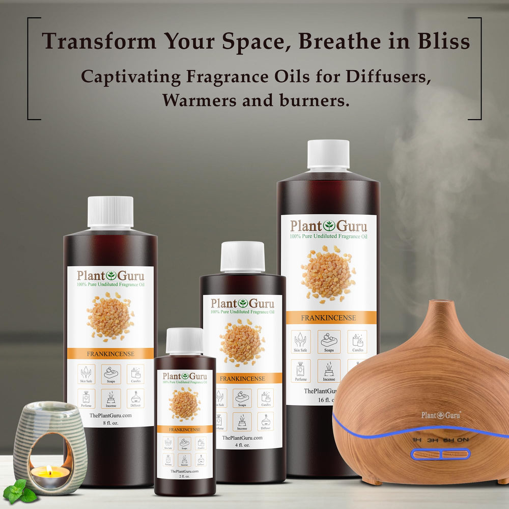 Plant Guru Frankincense Fragrance Oil label close-up highlighting premium aromatics.