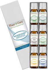 Plant Guru Respiratory Set with six pure oils displayed for versatile aromatherapy use.