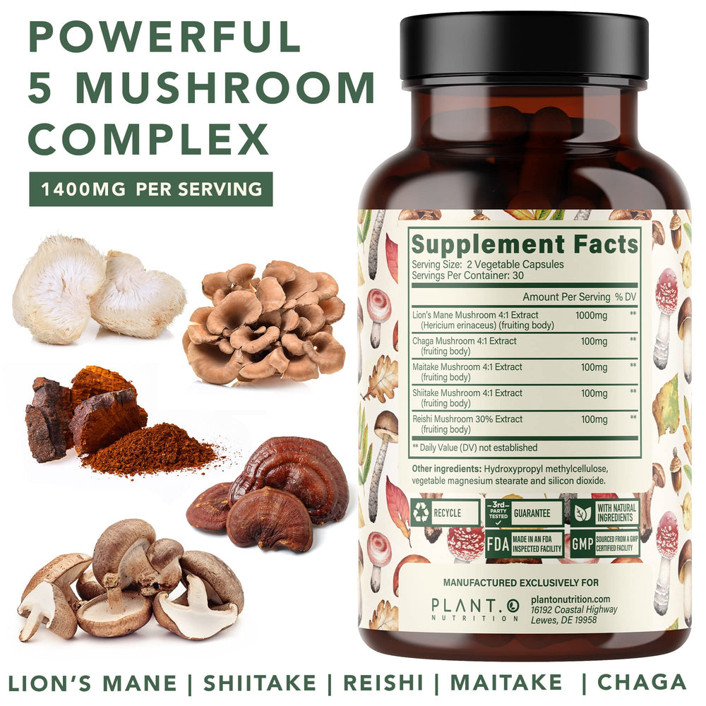 Lion's Mane, Reishi, Chaga, Maitake and Shiitake mushroom capsules