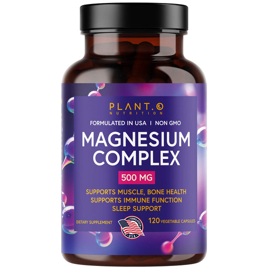 Front view of Plant.O Magnesium 500mg oxide and citrate capsules bottle