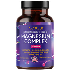 Front view of Plant.O Magnesium 500mg oxide and citrate capsules bottle