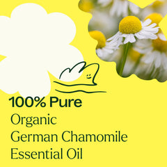 Close-up of amber bottle with chamomile oil and label