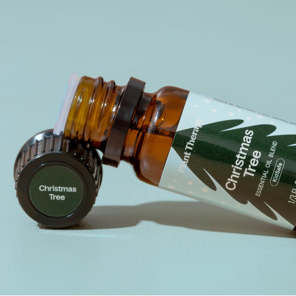 Product packaging and label for Christmas Tree essential oil blend