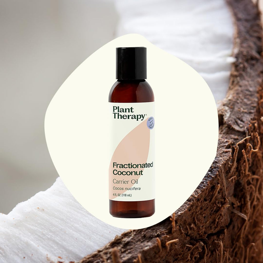 Label showing ingredients and purity for Plant Therapy Fractionated Coconut Oil 4 oz