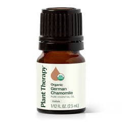 Amber glass bottle of Plant Therapy Organic German Chamomile Essential Oil 2.5 mL