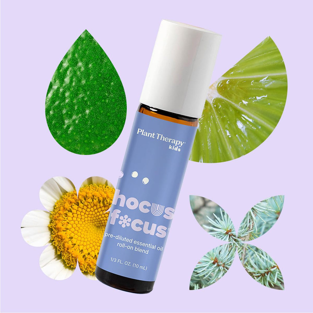 Hocus Focus essential oil blend bottle with cedarwood and chamomile imagery