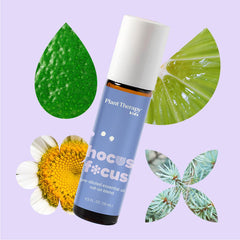 Hocus Focus essential oil blend bottle with cedarwood and chamomile imagery