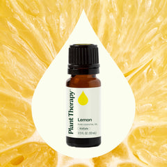 Close-up of Lemon Essential Oil label on Plant Therapy bottle