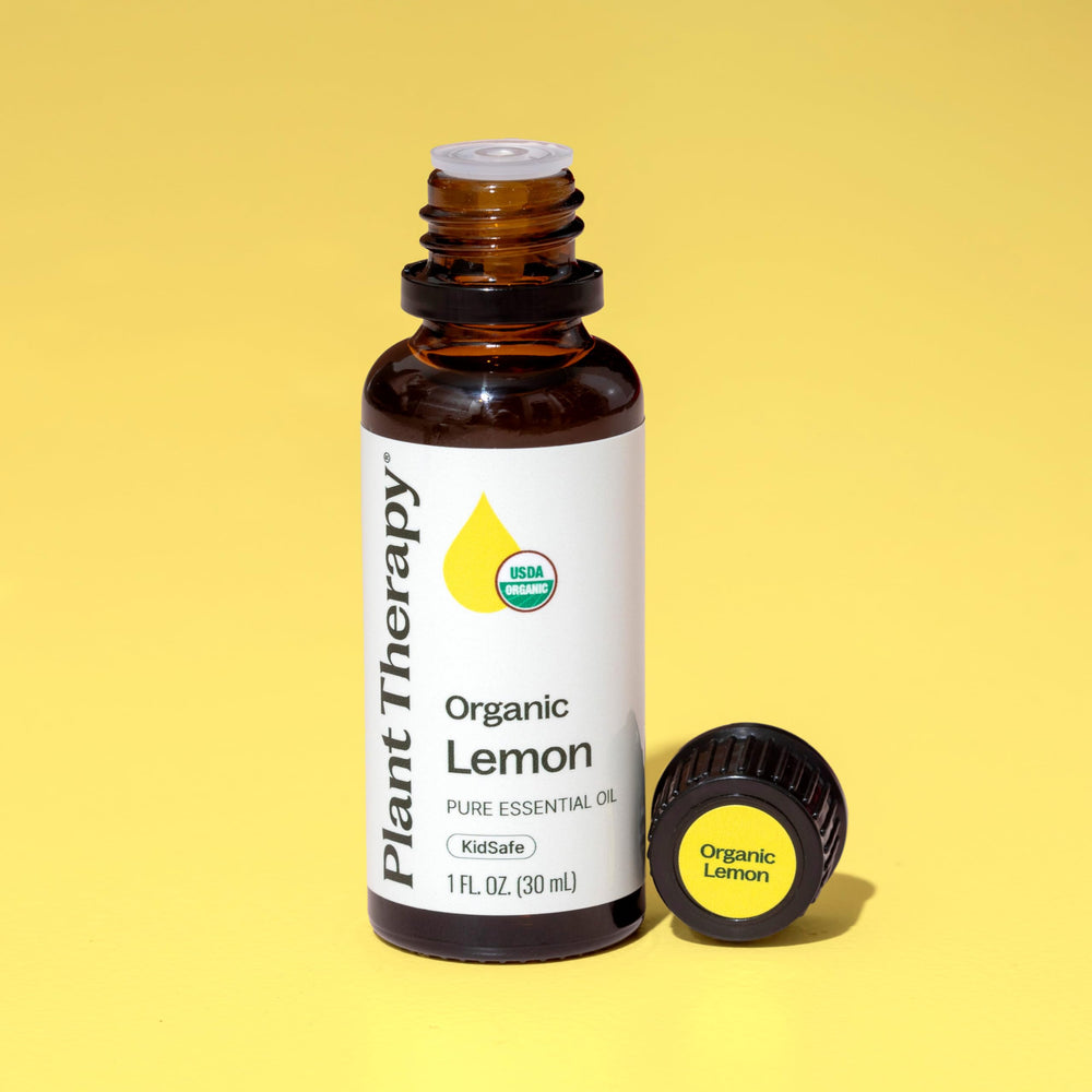 Amber glass bottle with cap and Plant Therapy label
