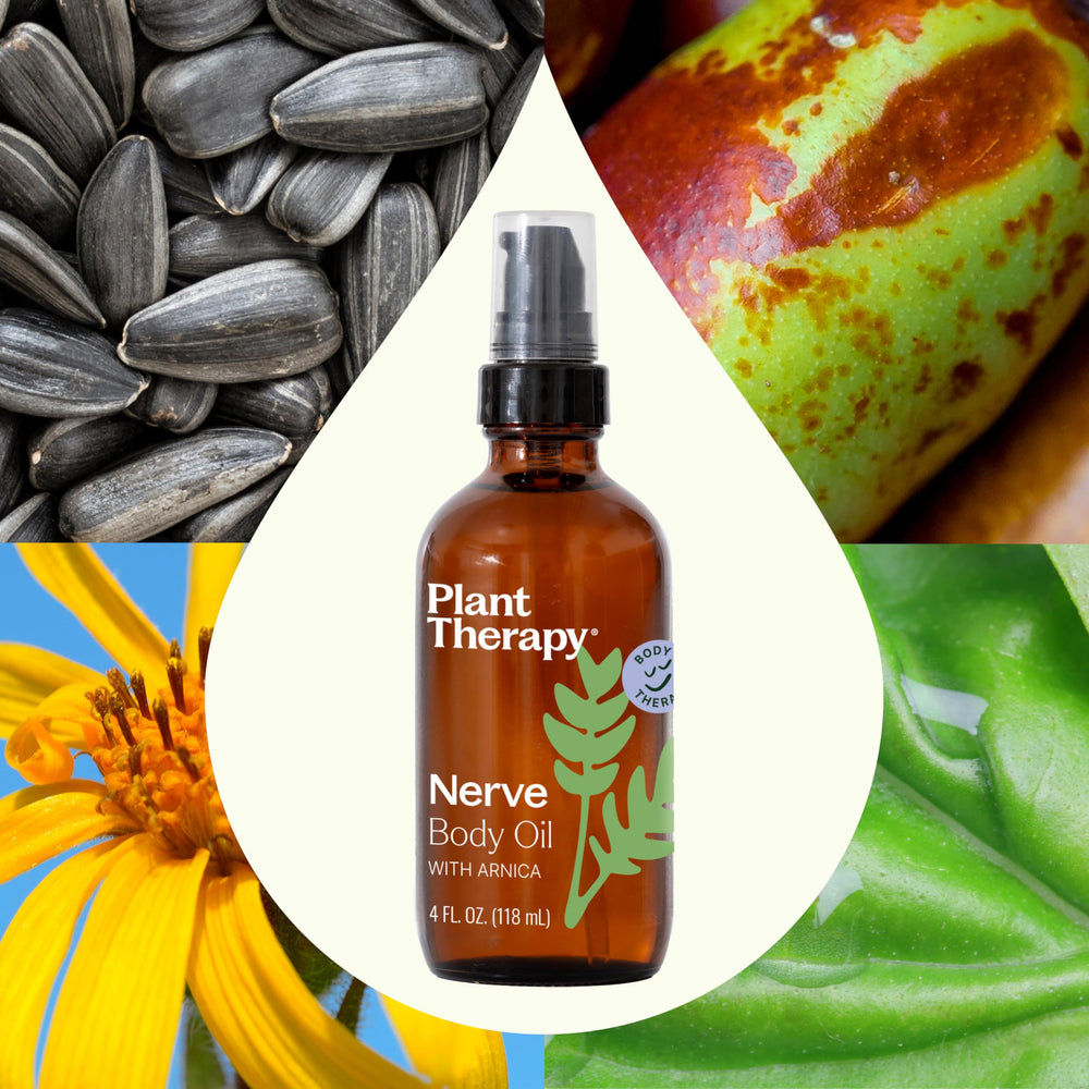 Label of Plant Therapy Nerve Body Oil with Arnica 4 oz
